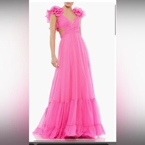 Pink Mac Duggal Rosette Chiffon Cutout Empire Waist Gown